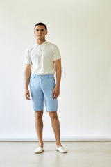 Mens chino shorts in iced blue linen Fabric