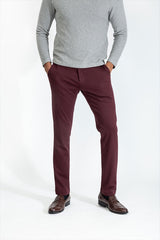 Made to order trousers in a Plum stretch knit fabric