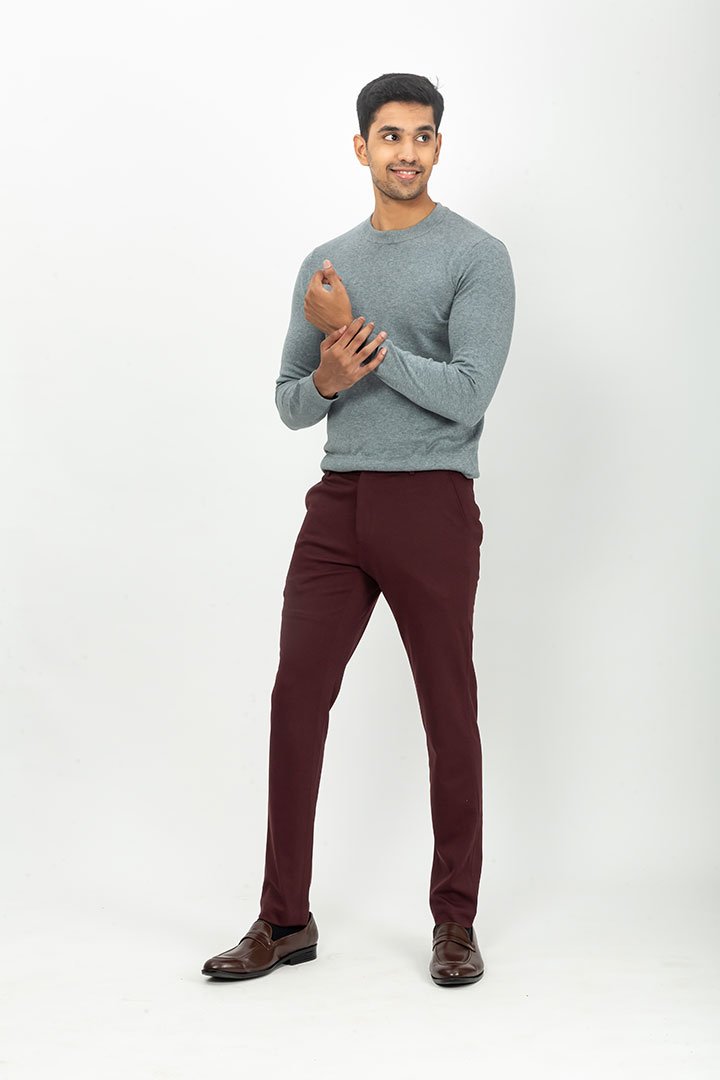 Made to order trousers in a Plum stretch knit fabric