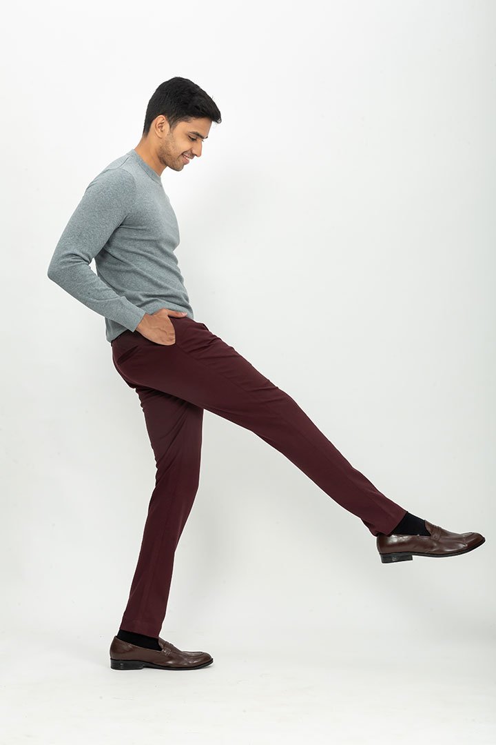 Made to order trousers in a Plum stretch knit fabric