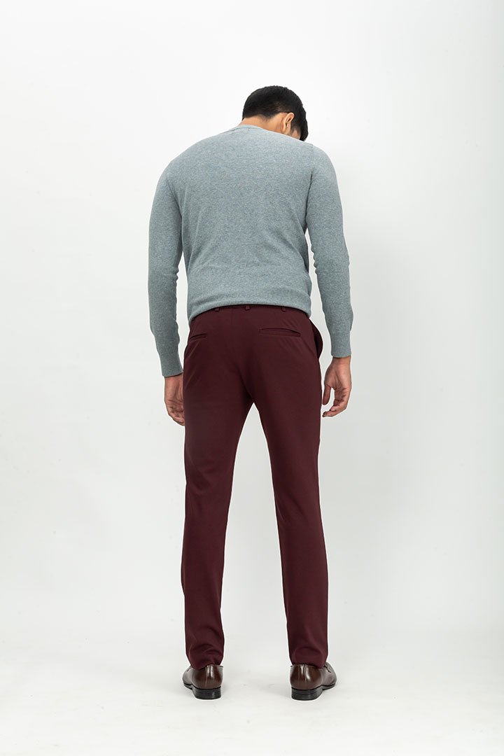 Made to order trousers in a Plum stretch knit fabric