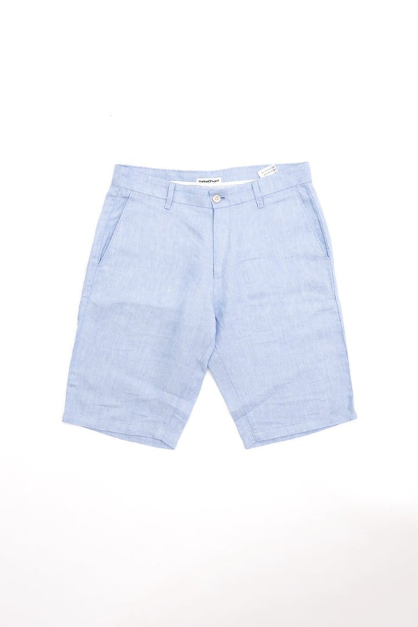 Mens chino shorts in iced blue linen Fabric 