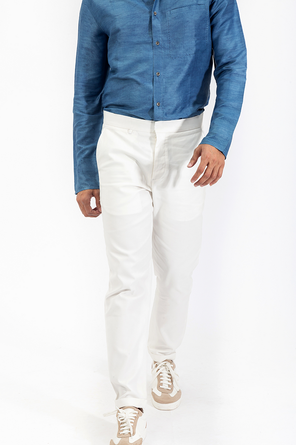 Custom made chinos in a white cotton fabric