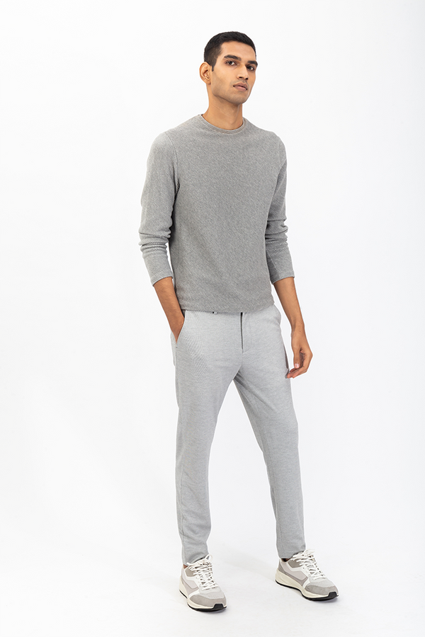 Made to order trousers in a grey stretch knit fabric