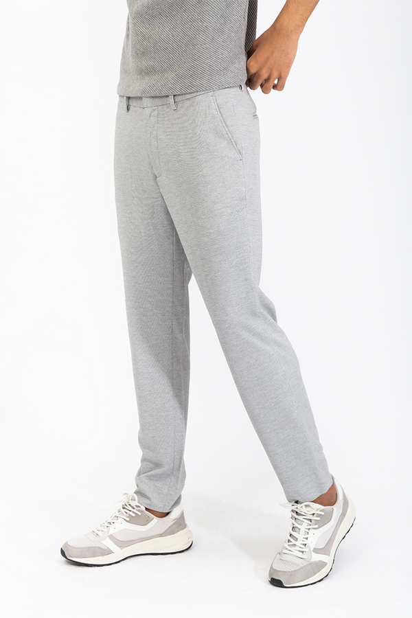 Made to order trousers in a grey stretch knit fabric