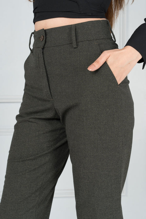 Olive Green Textured Formal Pants - Women