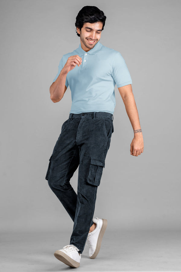 Blue-Grey Corduroy Stretch Cargo Pants