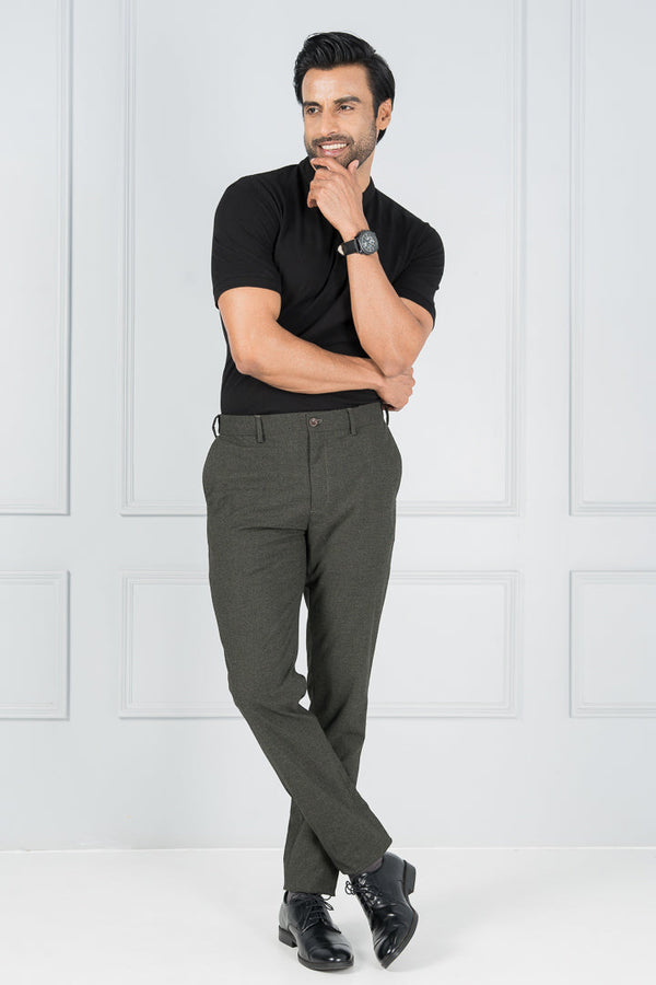 Olive Green Textured Formal Pants