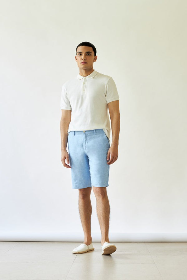 Mens chino shorts in iced blue linen Fabric 