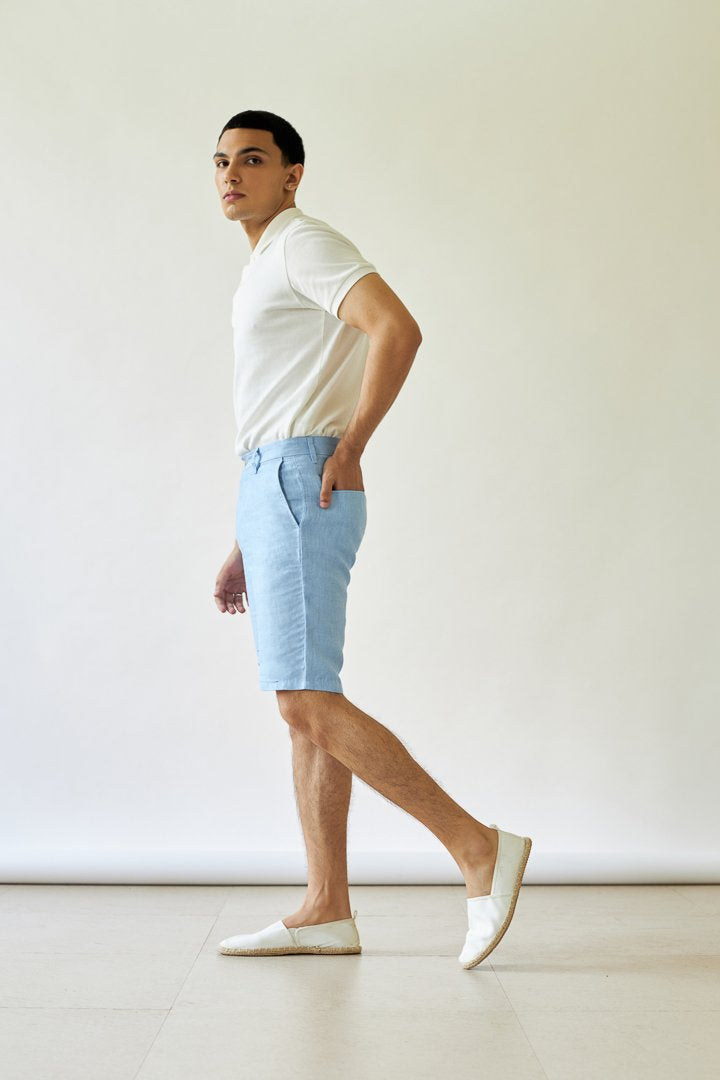 Mens chino shorts in iced blue linen Fabric 