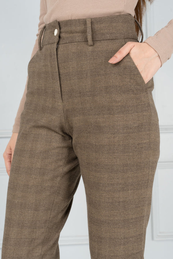 Khaki Plaid Formal Pants - Women