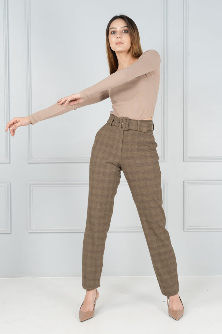 Khaki Plaid Formal Pants - Women