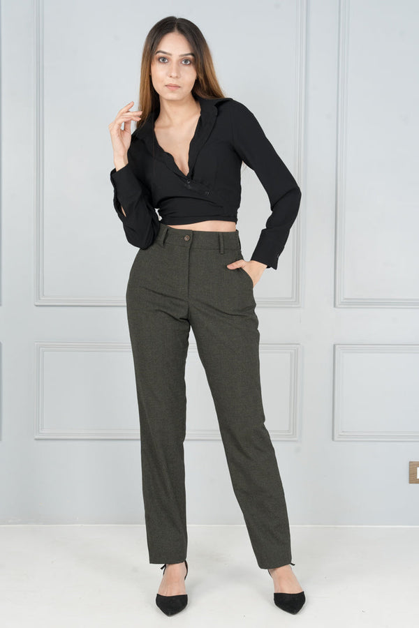 Olive Green Textured Formal Pants - Women