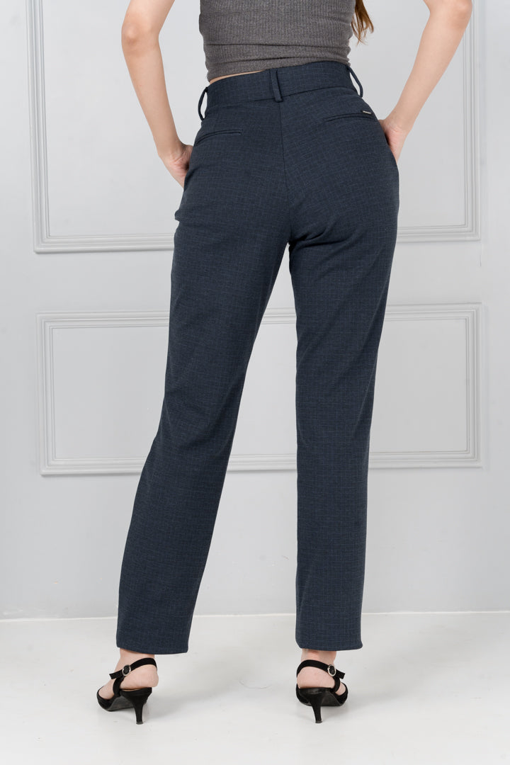 Navy Blue Checks Power-Stretch Pants - Women