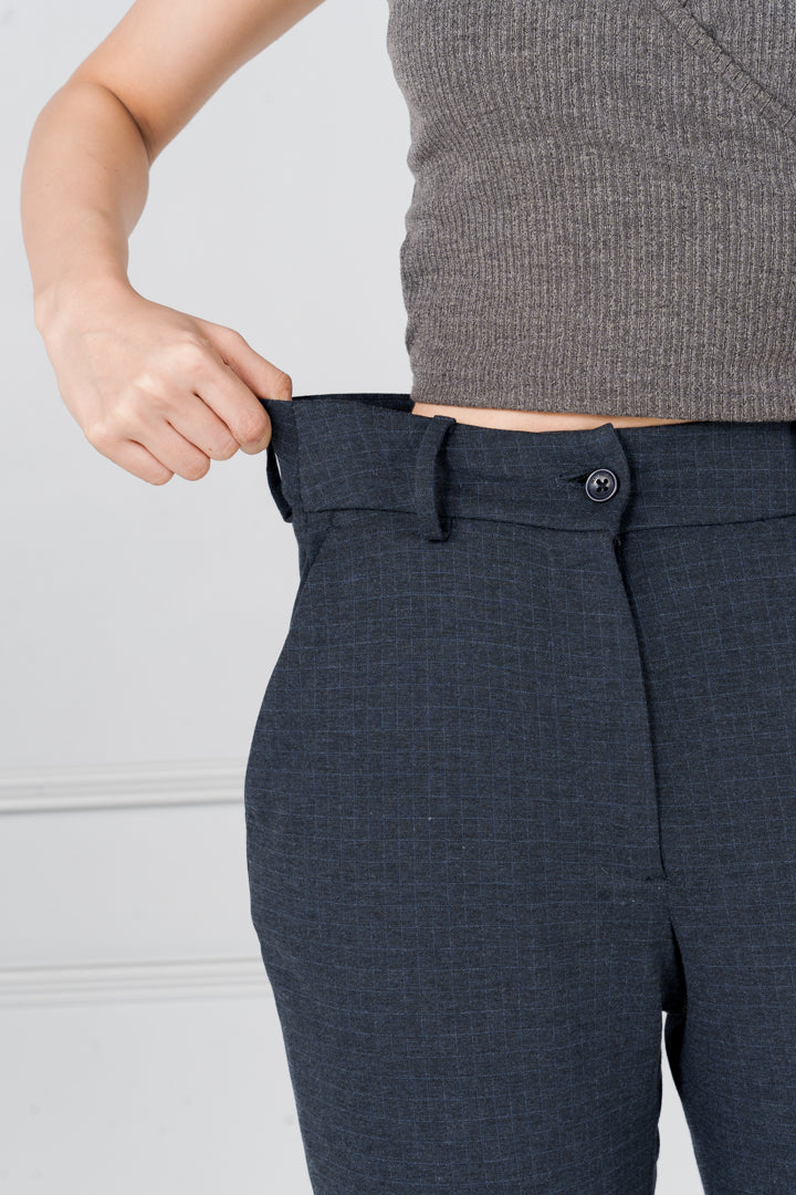 Navy Blue Checks Power-Stretch Pants - Women